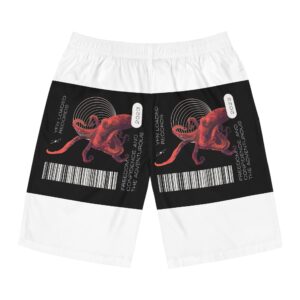 Octopus Barcode Graphic Board Shorts — Bold Black & Red Beach Swim Trunks