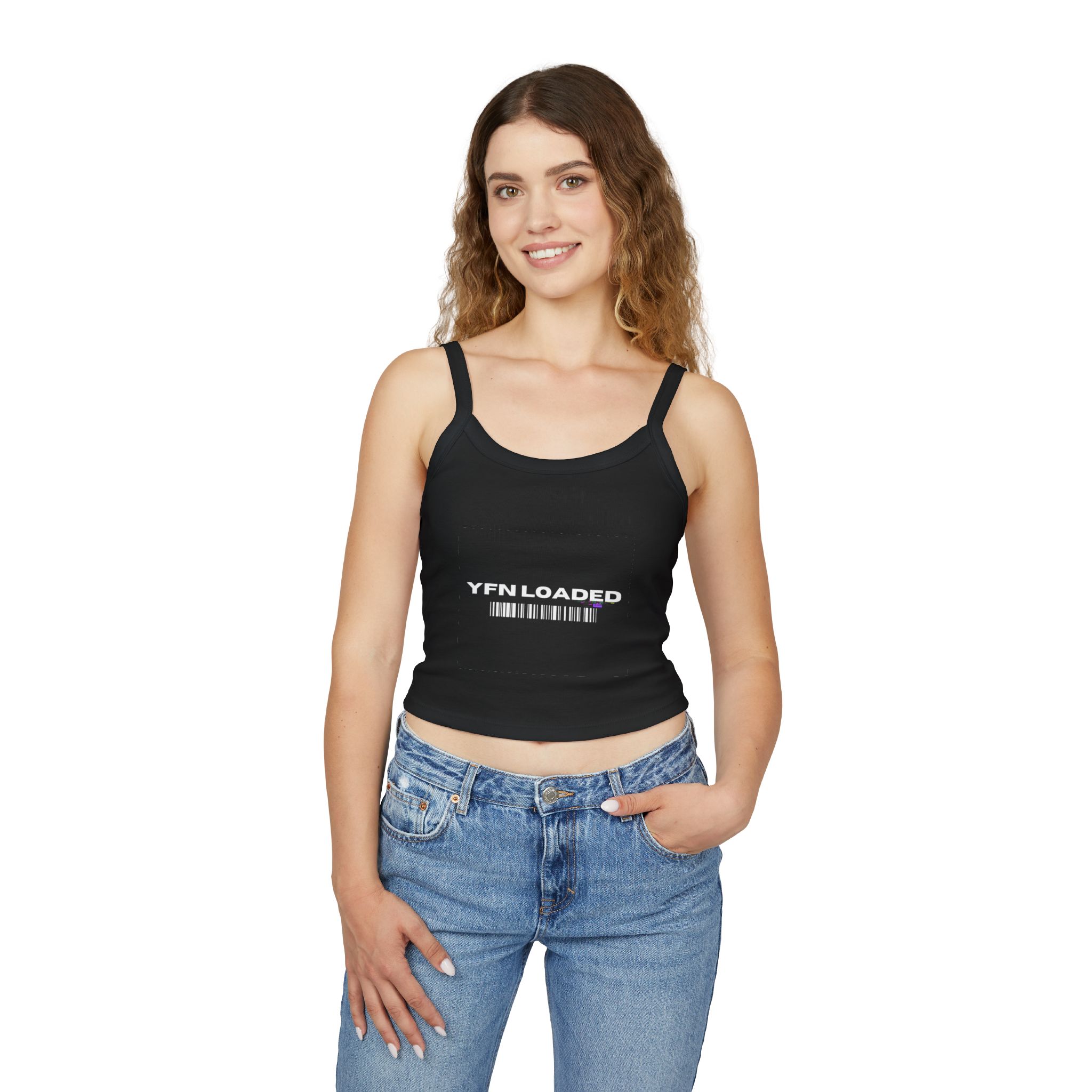 YFN Loaded Barcode Crop Tank — Women's Spaghetti Strap Graphic Tank Top - Image 3